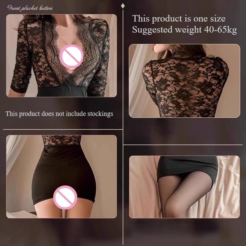 Sexy Lace Leakage Floral Wrap Dress for Women Sexy Female Secretary See Through Black Silk Seduction Uniform Set