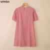 VONDA Women V Neck Puff Sleeve Plaid Print Ruffled Casual Loose Tunic Dress