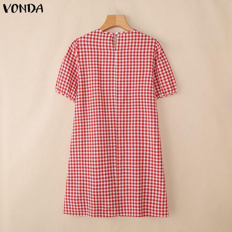 VONDA Women V Neck Puff Sleeve Plaid Print Ruffled Casual Loose Tunic Dress