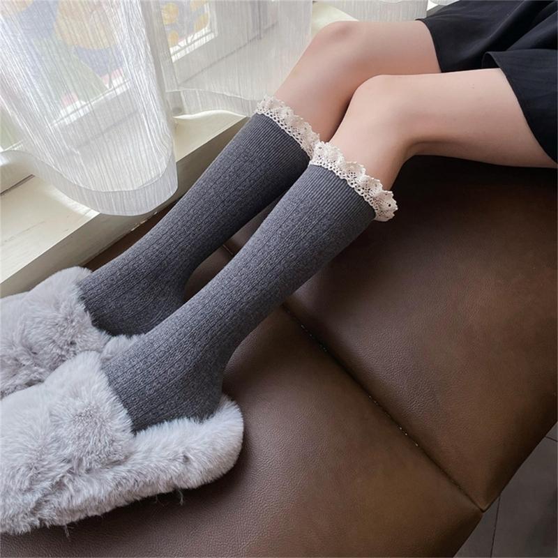 Women Winter Fall Vertical Striped Ribbed Knit Long Socks Japanese JK Sweet Frilly Ruffle Lace Trim Knee High Stockings