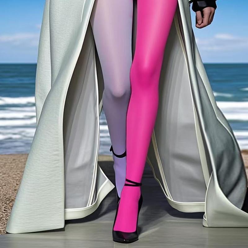 Damen 80D Zweifarbig Samt Strumpfhose Ab Kontrastfarbe Dopamin Wear Frühling Herbst Bunt Kompressions Lange Strümpfe One Size pink