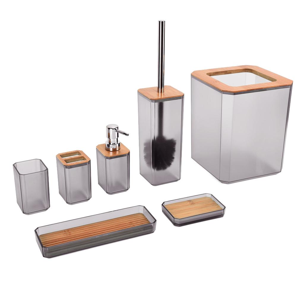 Bamboo Bathroom Accessories Set 7Pcs Soap Box Toothbrush Holder Kit for Home HotelGrey