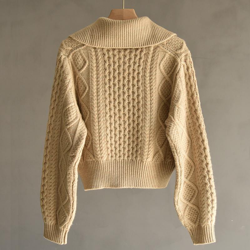 Cashmere Lapel Zipper Cardigan for Women - Autumn/Winter, Thick, Loose Fit, Slimming, Short, Gentle Style.