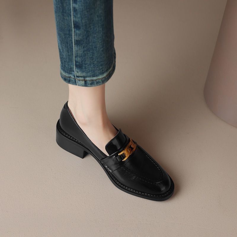 2025 New Brown Single Shoes Women's Spring and Autumn Round Head British Thick Heel Medium Heel Soft Leather Large Size Internet Celebrity L