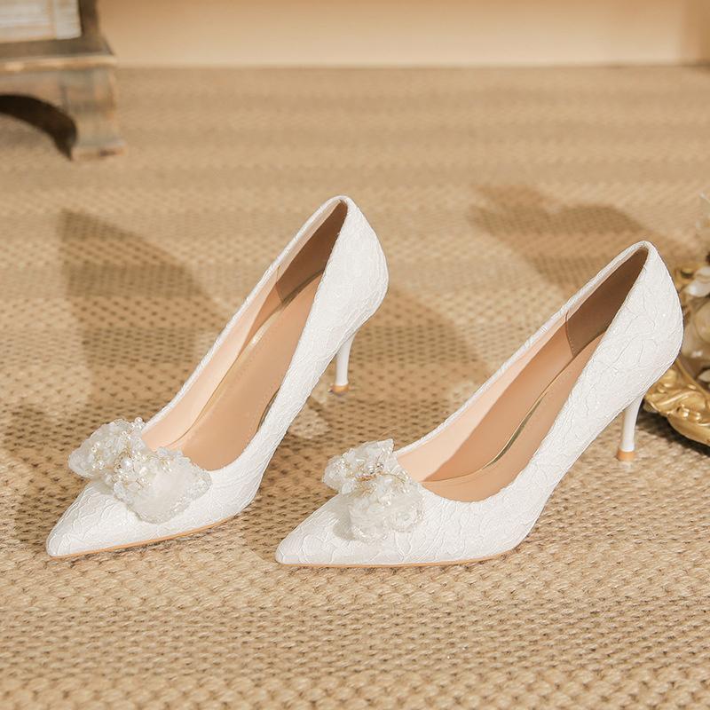 Women Lace Bow Tie Stiletto Heel Pearl Wedding Shoes Bride Thin High Heels White Pumps Pointed Toe Dress Party Shoes