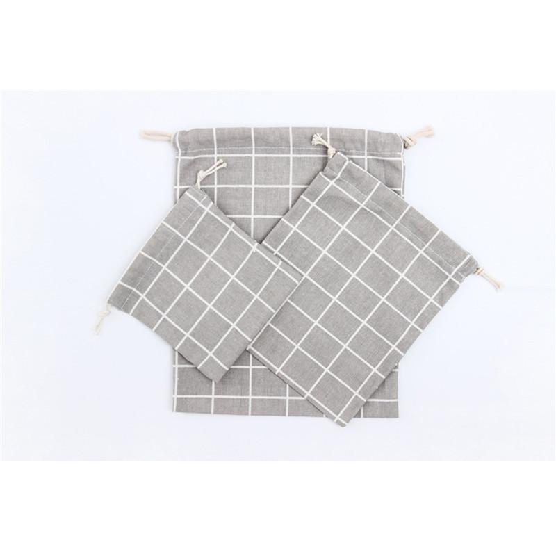 Cotton Linen Grid Storage Bag With Drawstring For Travel And Home Organization