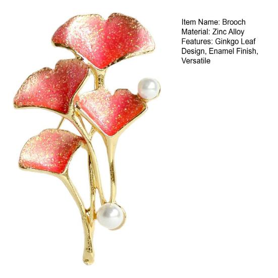 Brooch Pin Enamel Finish Imitation Pearls Ginkgo Leaf Design Zinc Alloy Pin with Gold-Plated Edges Suits Coats Sweaters Badge