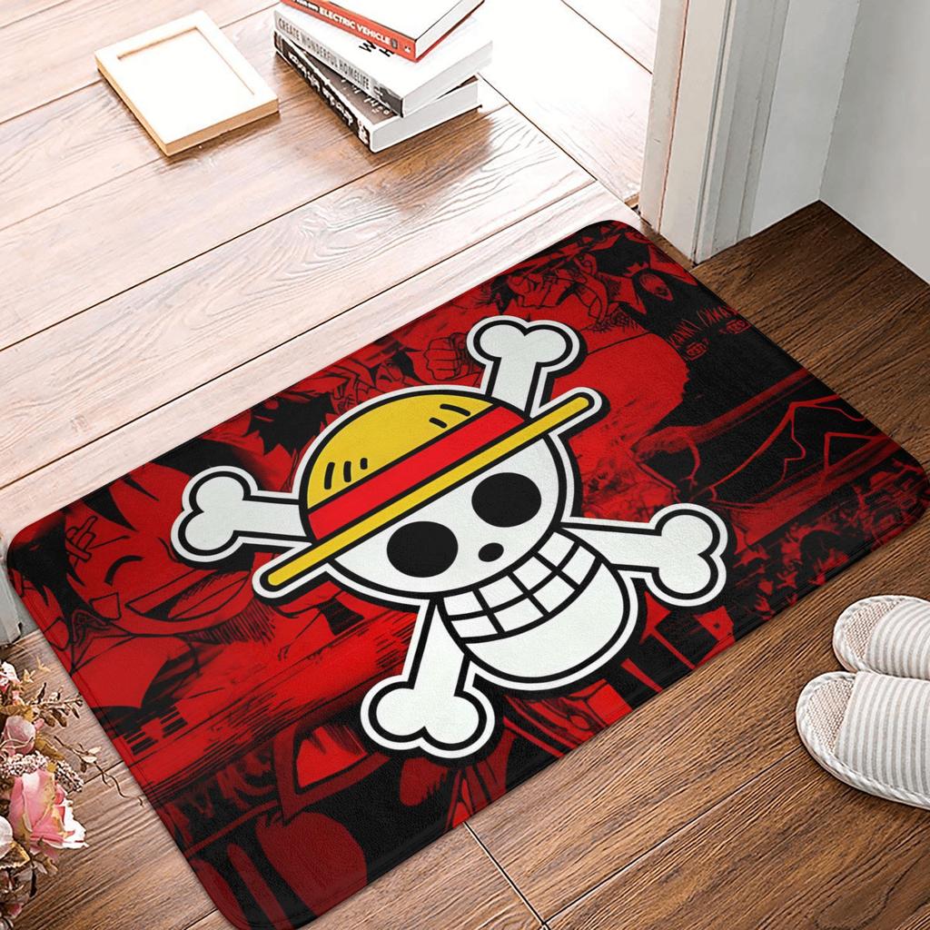 Anime One Piece Front Door Mat Anti-Slip Outdoor Absorbent Straw Hat Pirates Luffy Doormat Garden Garage Entrance Rug Carpet