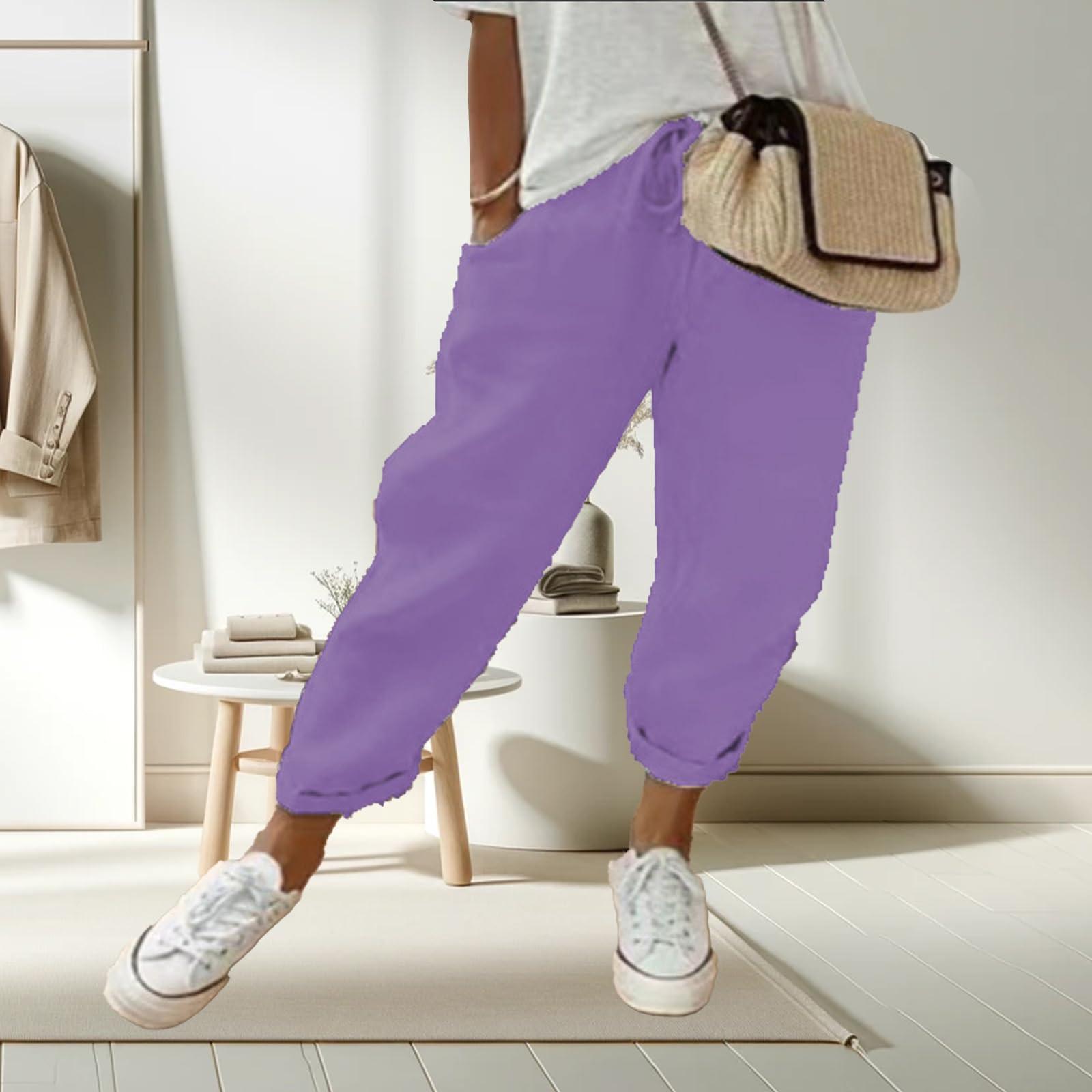 

Women s Fashion Colour Loose With Pockets Cotton Linen Casual Pants S фіолетовий