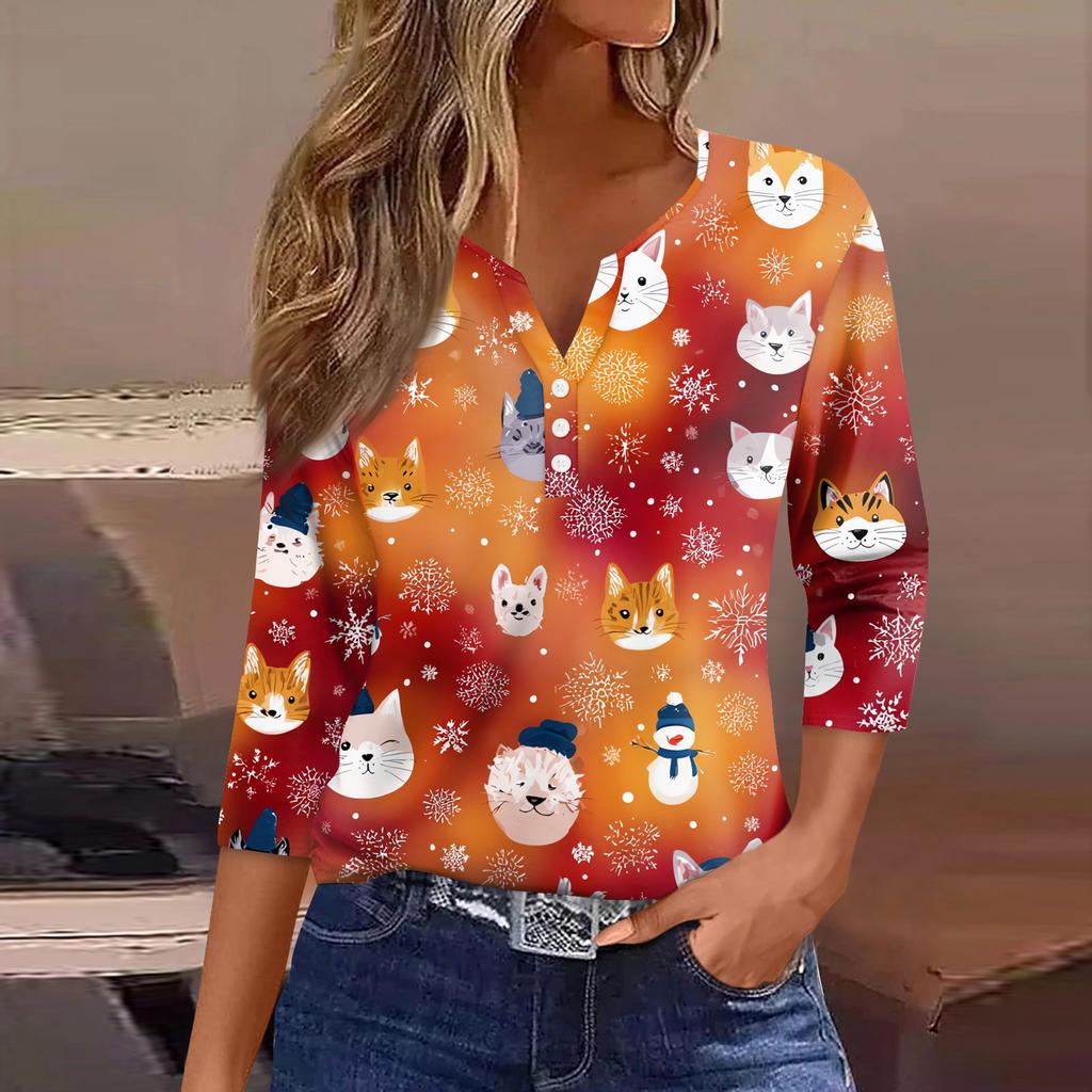 Women's T Shirt Tee Christmas Printed Button 3/4 Sleeve Tunic Daily Weekend Fashion Basic V- Neck Regular Top