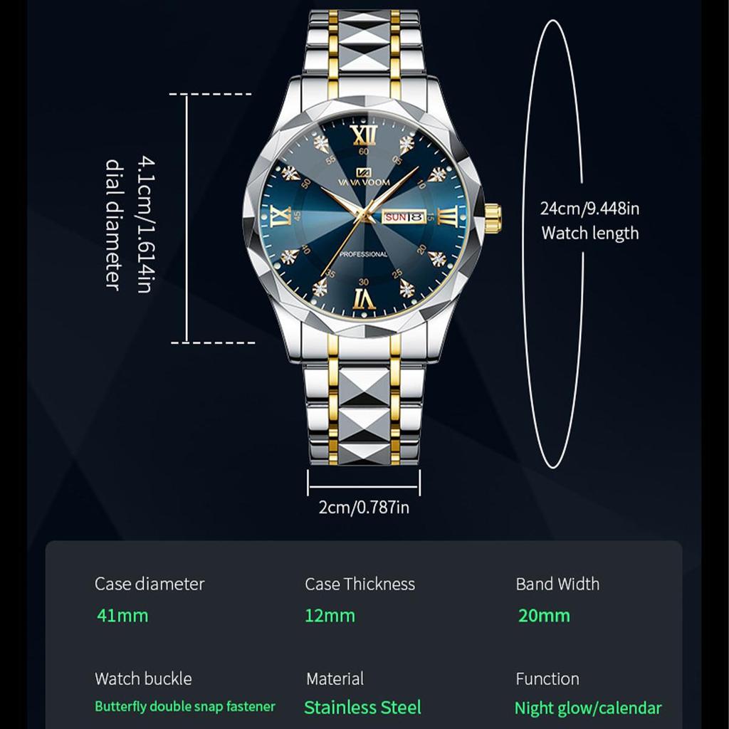 VA VA VOOM Luxury Men’s Quartz Watches Man 30m Waterproof Luminous Date Week Stainless Steel Men Watch Casual Sports Women Quartz Watches Male Clock