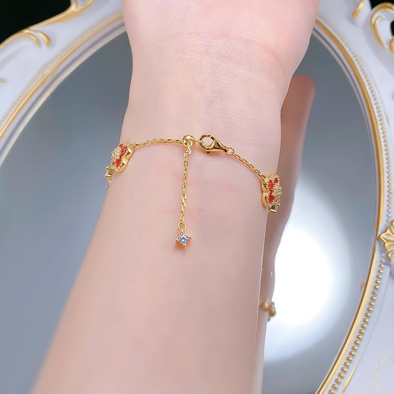 Hui Zhi Yi S925 Silver Four-Leaf Clover Red Agate Adjustable Bracelet for Women