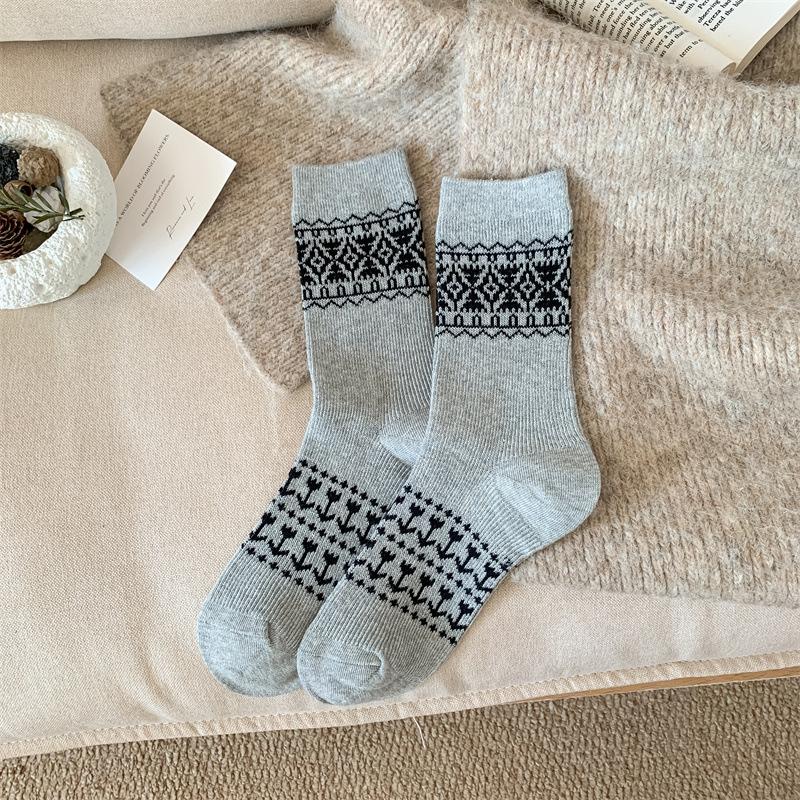 Ethnic-style Socks for Women, Mid-calf Socks for Autumn and Winter, Black, White and Grey, Retro Artistic Pile Socks, Cool Cotton Socks