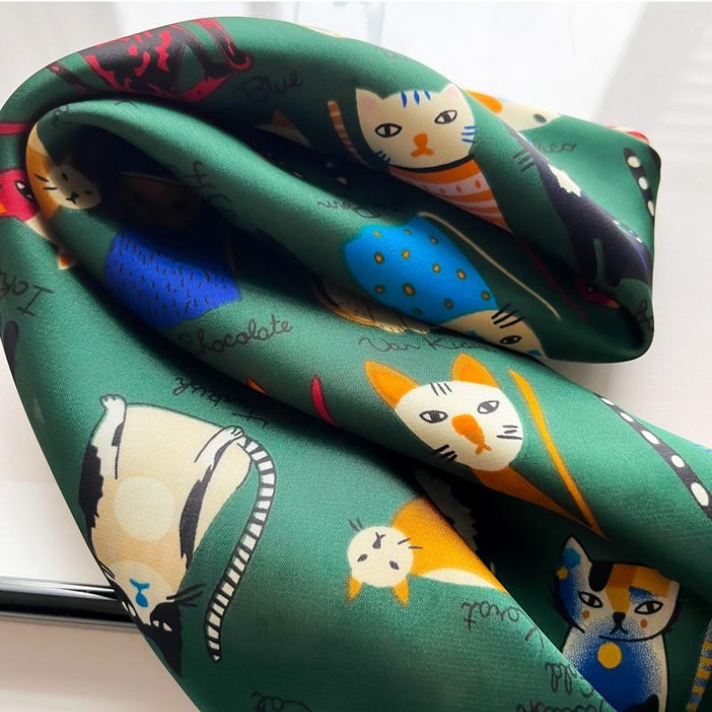 Square Silk Scarf Women Headbands Small Soft Neck Kerchief Cat Print Foularf Female Bandana Scarves Animal