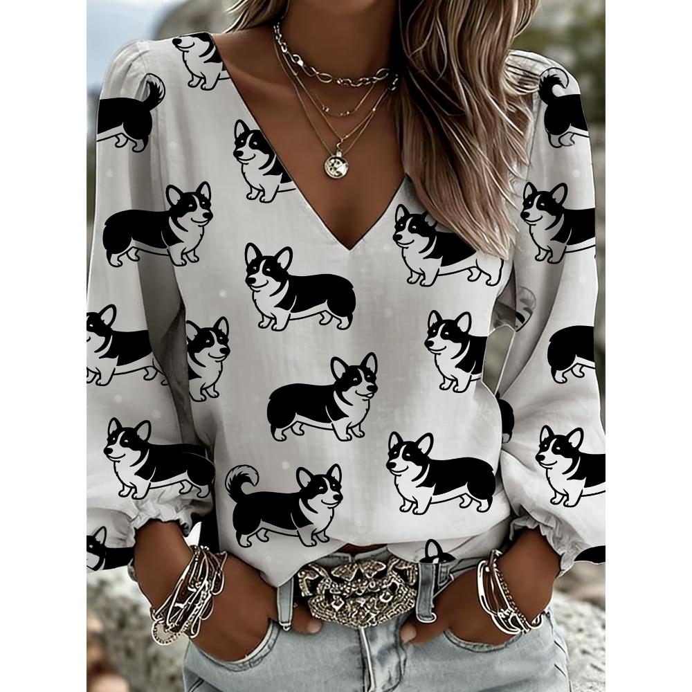 Ladies new loose-fitting frilly sleeve printed shirt, loose-fitting and slimming, fashionable and versatile summer-style long-sleeved V-neck top S