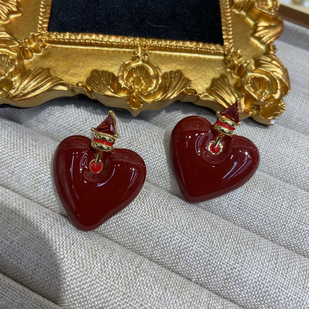 Ankola Red Oil Dripping Love Stud Earrings Women'S Literary Retro Sweet Fashion Personality Temperament Versatile Earrings Earrings