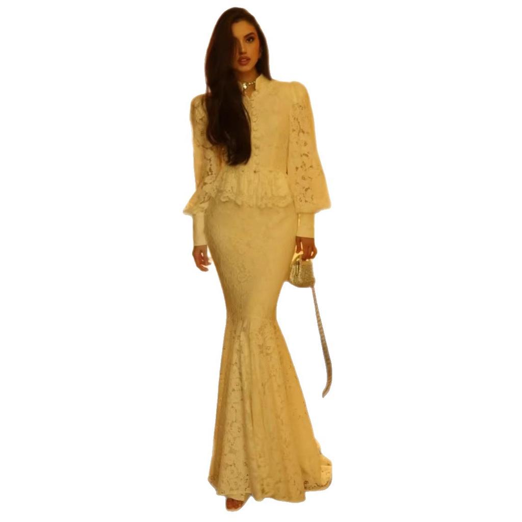 Cross-border European and American Women's Clothing Stand-up Collar Button Lantern Sleeve Lace Court Style Top Fishtail Long Skirt Set