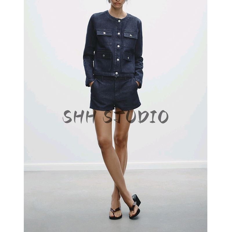 Spring New Women's Clothing Denim Shorts 6929001 Pocket round Neck Long Sleeves Denim Outwear 6929073