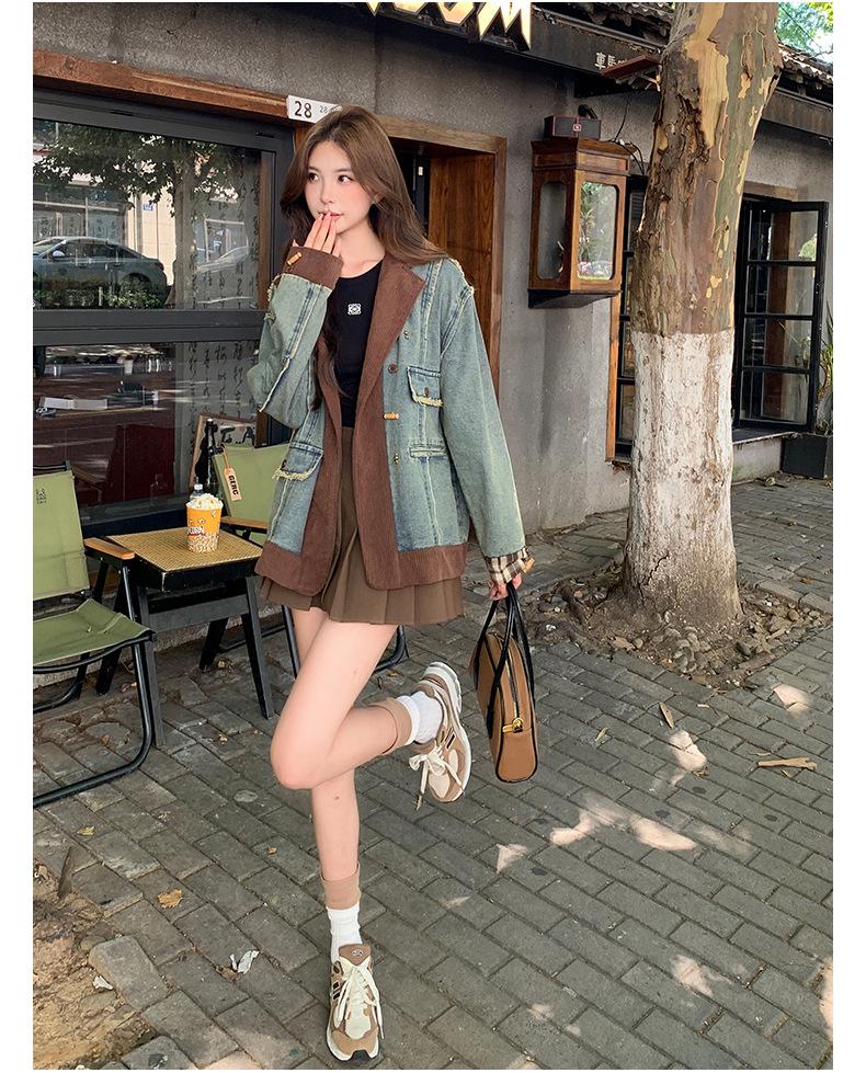 2024 Damen Trendige Herbst Patchwork Anzugkragen Jeansjacke