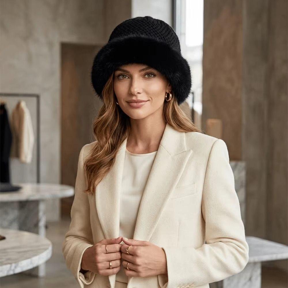 Brimless Fluffy Fur Hat Warm Plush Bucket Hat Fashion Panama Cap Women