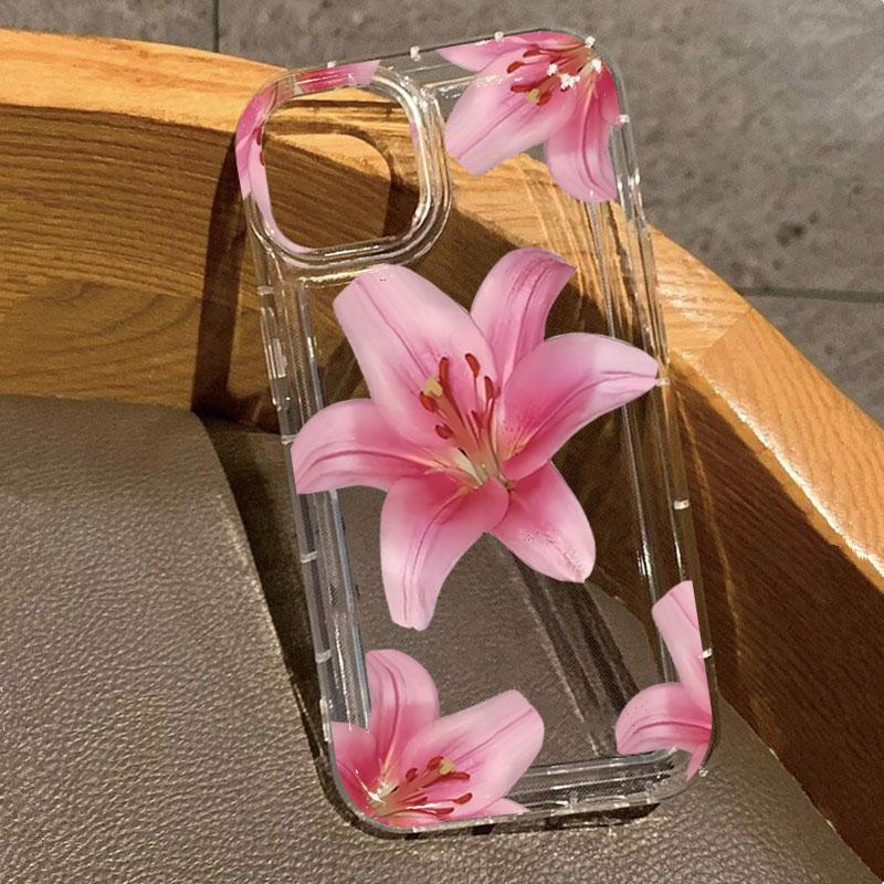 For iPhone 17 16 15 14 13 12 11 Pro Max Case Pink Lily Flower Design Clear Cover For iPhone 13 Mini XS XR X 7 8 Plus 16E Fundas