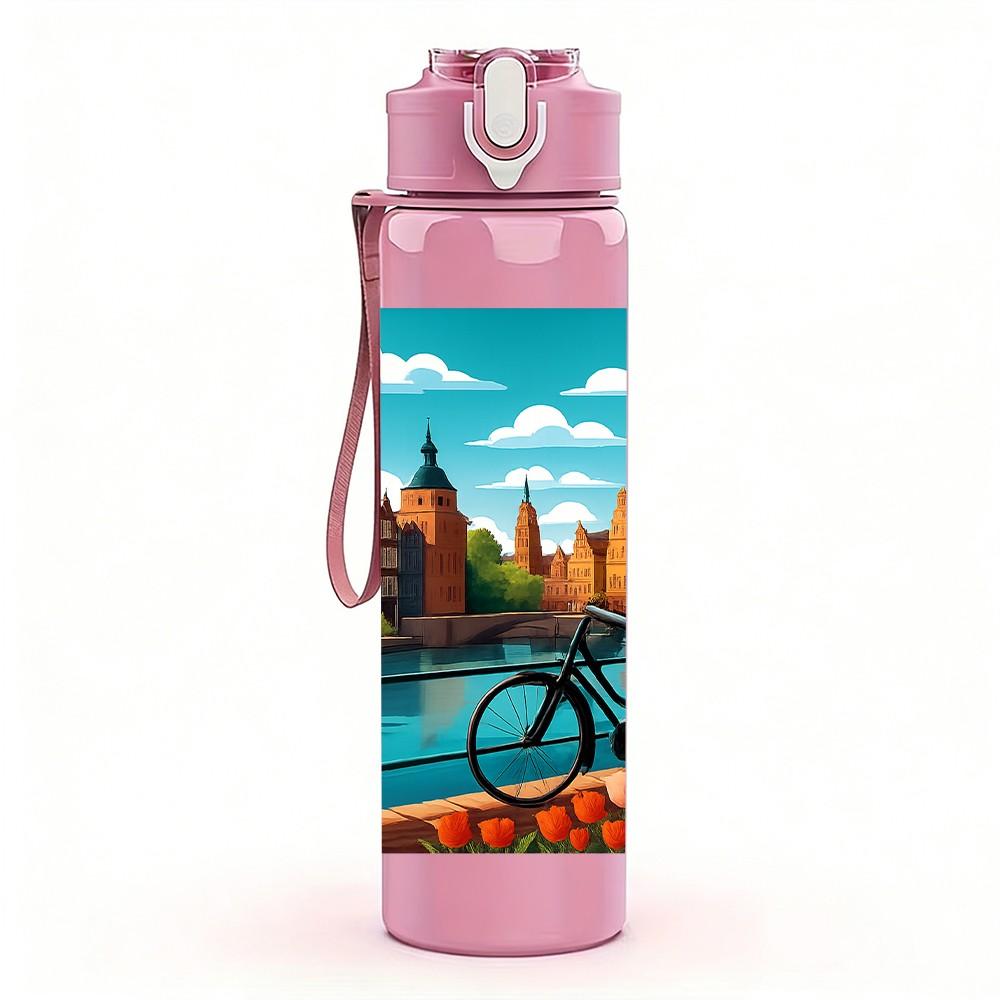 1PC City River Landscape Painting 750ml Color Plastic Sports Water Bottle Leakproof Flip Straw Lid Suitable for Sports Office Home Use