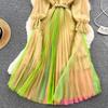 Fashion Bohe Women Mesh Party Long Dress V Neck Long Sleeves Gradient Lace Up A Line Sundress Pleated Maxi Dress