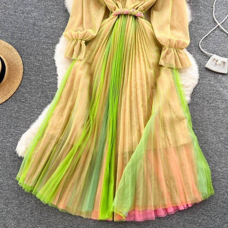 Fashion Bohe Women Mesh Party Long Dress V Neck Long Sleeves Gradient Lace Up A Line Sundress Pleated Maxi Dress
