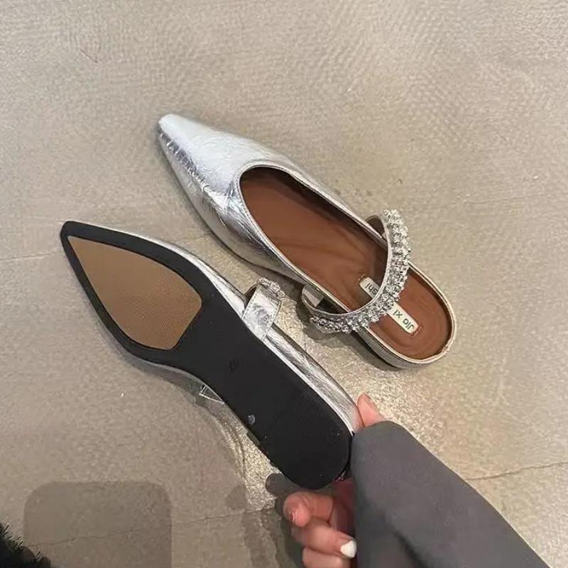 Fashion New Hot Baotou Half Slippers Female Summer Luxury Designer Pointed Rhinestone Temperament Girls Small Height Wedge Sandals