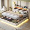 Cama estofada 160x200 cm, estrutura flutuante hidráulica com arrumação, multifuncional com tomada USB e luz LED, cabeceira reversível, linho bege