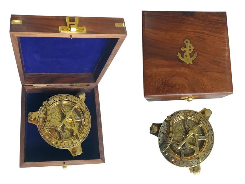 Vintage Brass Compass Sundial with Sheesham Wooden Box
