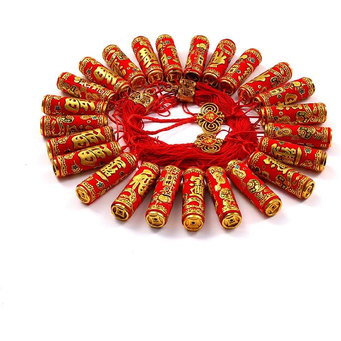 Chinese New Year Hanging Decorations 2 Pack Large Firecrackers Decor Traditional Red Lucky Oriental Pendant Ornaments for Lunar New Year Decorations