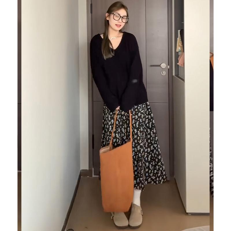 

Черная юбка с цветочным принтом для женщин Летом Новая Юбка А-силуэта с высокой талией, облегающая бедра, чтобы они казались стройными, Нежный стиль, Длинная юбка XL