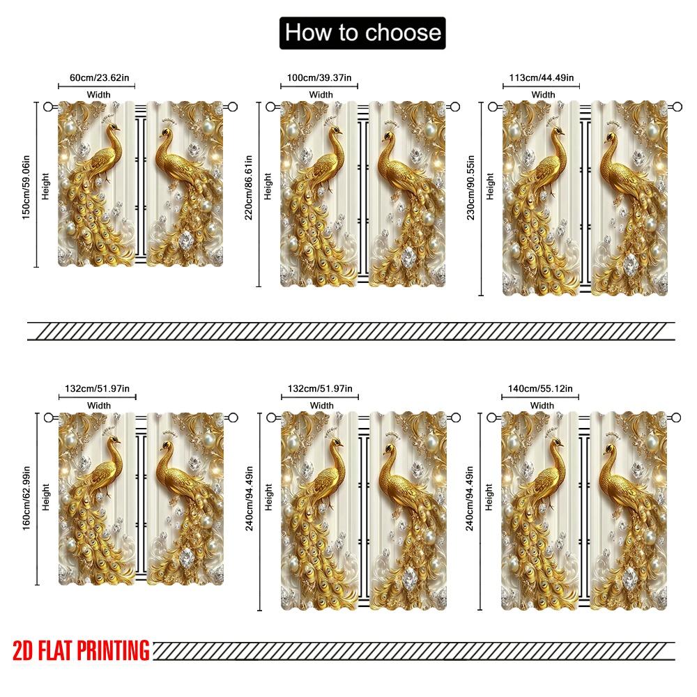 2Pcs 2D Flat Printing Beautiful Golden Peacock Printed Curtains Design Suitable For Bedroom Kitchen Dining Room Living Room