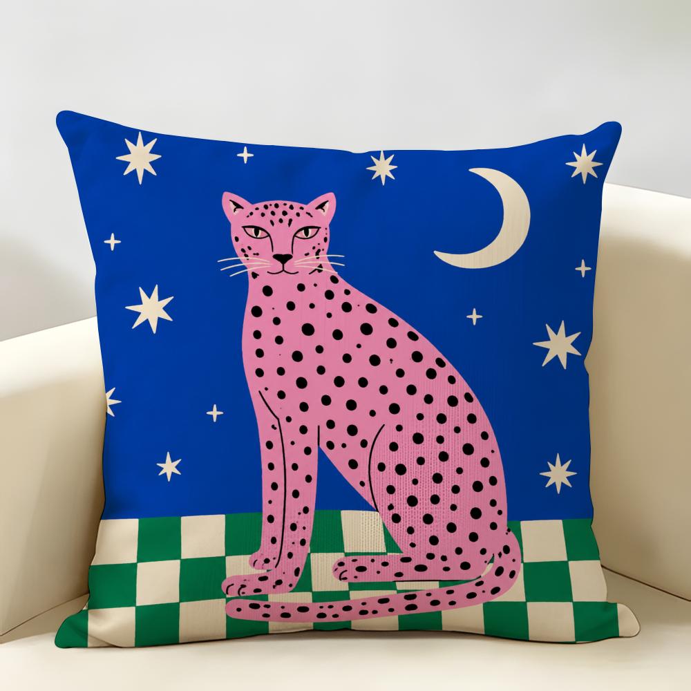 Pink Funky Animal Cushion Cover Durable Hypoallergenic Organic Linen Pillow Cover Short Size Washable SkinFriendly