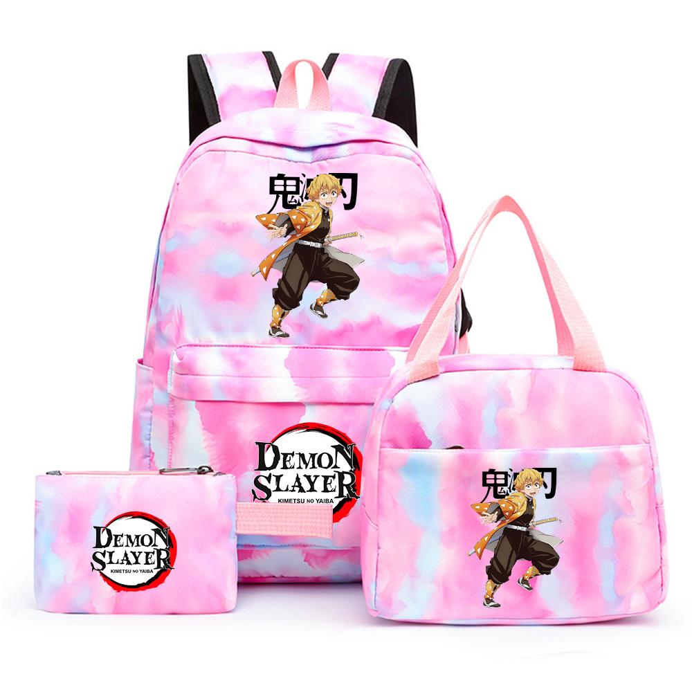 3 st/set Anime Demon Slayer Tryckt Ryggsäck med Matlåda Pennfodral för Tonåring Tillbaka till Skolan Stor Kapacitet Vattentät Skolväska Flickpojke Gåva