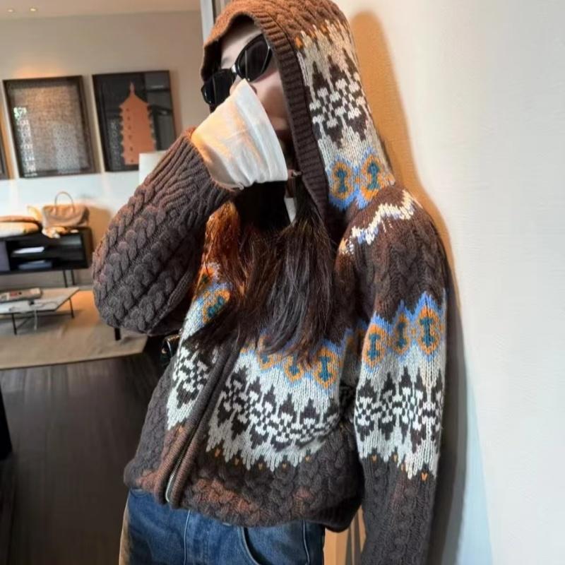 Women's Bohemian Jacquard Wool Hooded Cardigan Sweater with Zipper