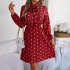 Autumn Winter Women's High Waist Pleated Dress Long Sleeve Lace Up Dot Temperament
