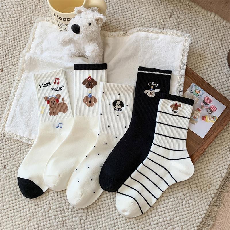 Female Autumn Cotton Polka Dot Striped Cartoon Puppy Cute Preppy Air Breathable Mid Tube Pile Socks