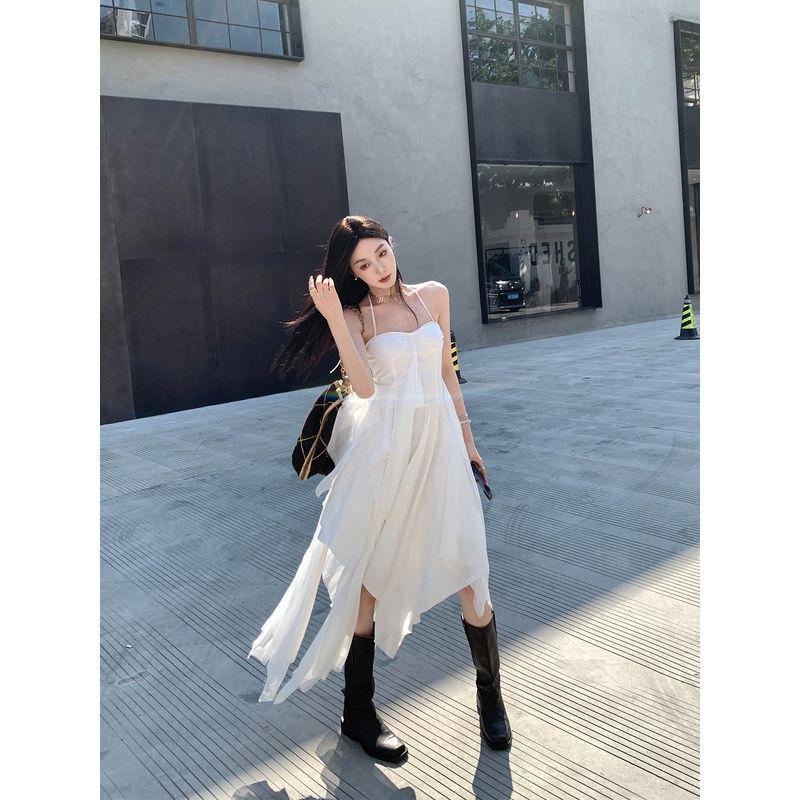 

District Ouyang Irregular Tassel Halter Spaghetti Straps Dress Women s Summer Fancy Waist-Tight Slim Looking Jacquard Skirt