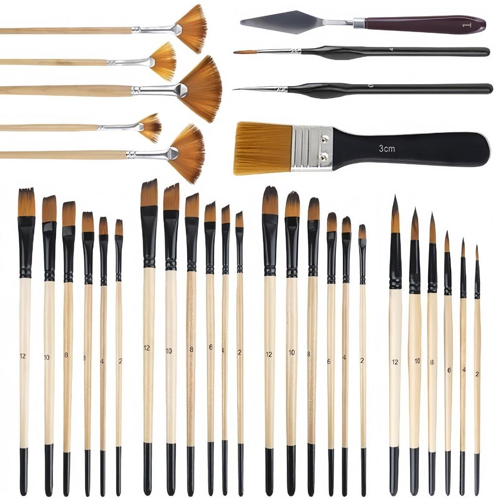 32-Piece Wooden Handle Art Brush Set: Nylon Bristles for Watercolor and Oil Painting