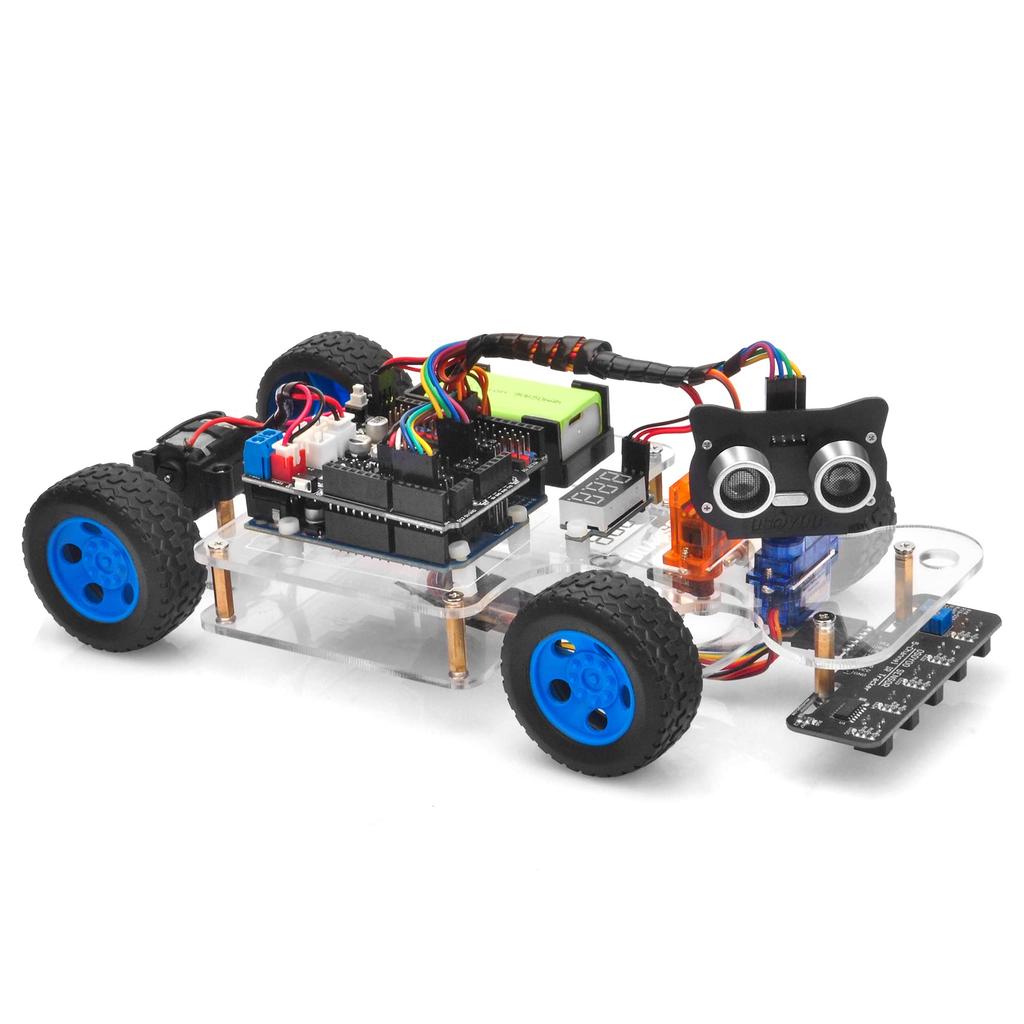 OSOYOO Arduino UNO Robot Car Smart Car Kit with Servo Steering DIY and Computer Programming Rack, Kit, Bluetooth, Wi-Fi, IOT, Autodrive, C++,