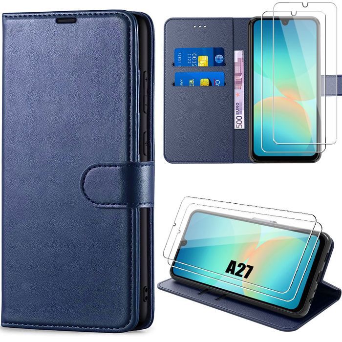 Coque + 2 Verres Trempés pour Samsung Galaxy A27 5G, Protection Anti-Rayures Synthécuir Bleu Marine