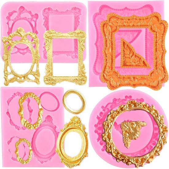 Mujiang Photo Frame Fondant Molds Picture Frames Silicone Mold Vintage Frame Molds For Cake Decorating Cupcake Topper Chocolate Candy Polymer Clay
