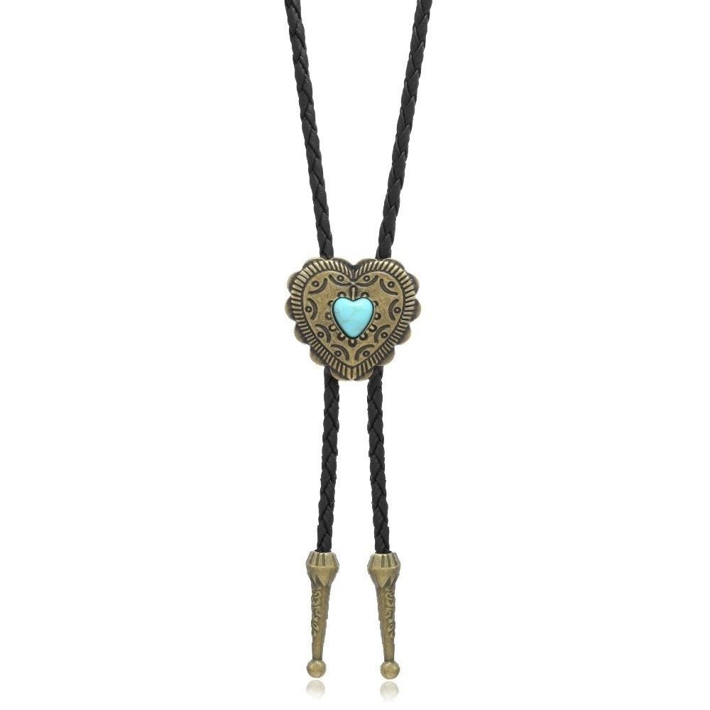 

Blue Turquoise Heart Shape Pendant Necklace Silver PU Leather Necklace Retro Bolo Tie Girls Black Gold