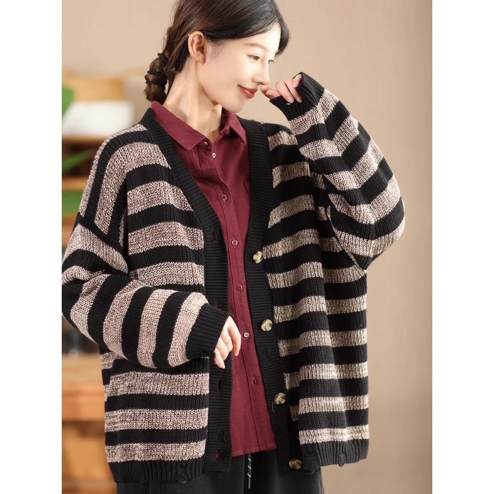 DIMANAF 2025 Winter New Striped Cardigan Jacket Women Sweaters Coat Wadded  Knitting Pockets Sweater