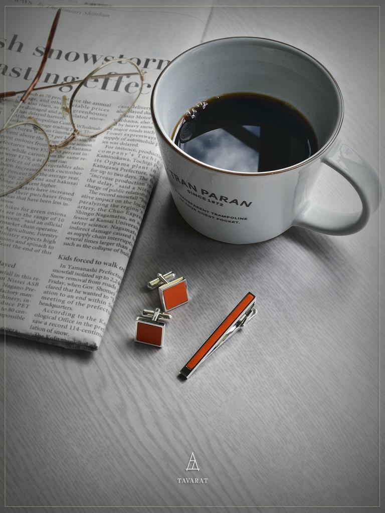 Tabarat Tie Pin and Cufflink Made in Japan with Genuine Leather and Brass Men's Set, (Orange)