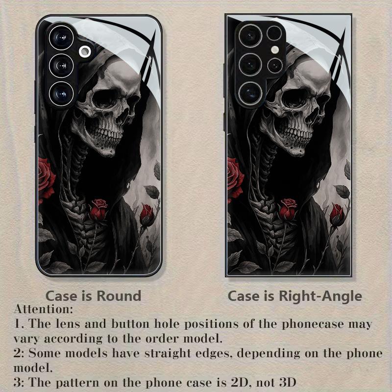 Skull Rose Pattern Glass Phone Case Suitable for Samsung Galaxy S26 S25 S24 S23 S22 S20 FE/Ultra/Plus Anti Drop Back Cover