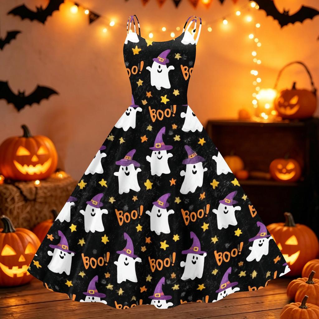 Women Halloween Print Off Shoulder Dress Punk Vintage Style Sleeveless Spaghetti Strap Midi Dress with Flared Skirt for Party