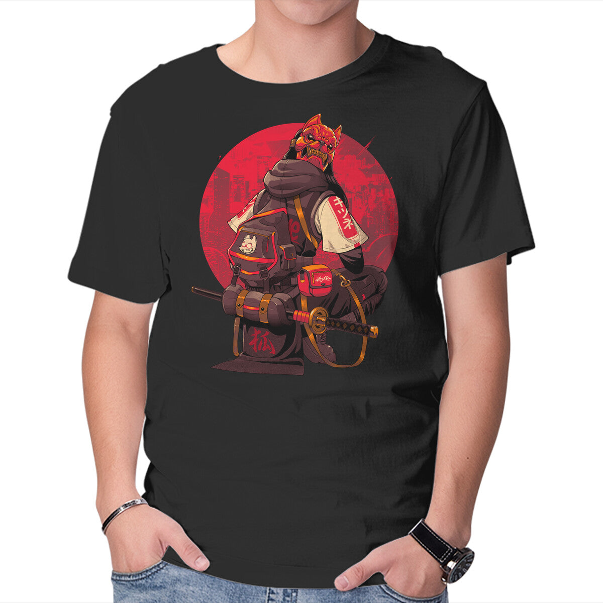 Unisex Crew Neck T-Shirt Red Kitsune Samurai Graphic Short Sleeve Casual Tee L